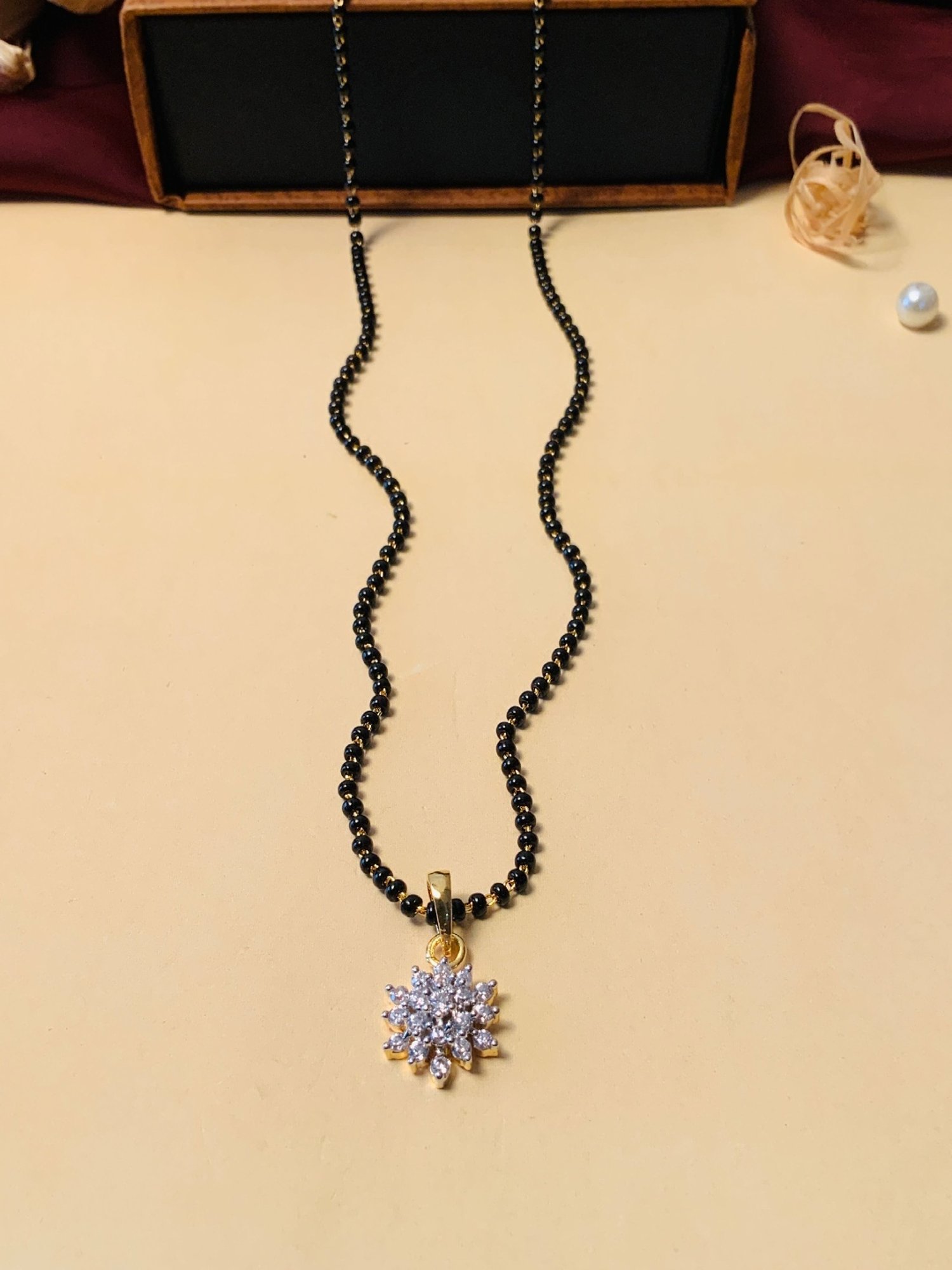 Abdesigns Gold-Plated American Diamond & Black Beaded Mangalsutra