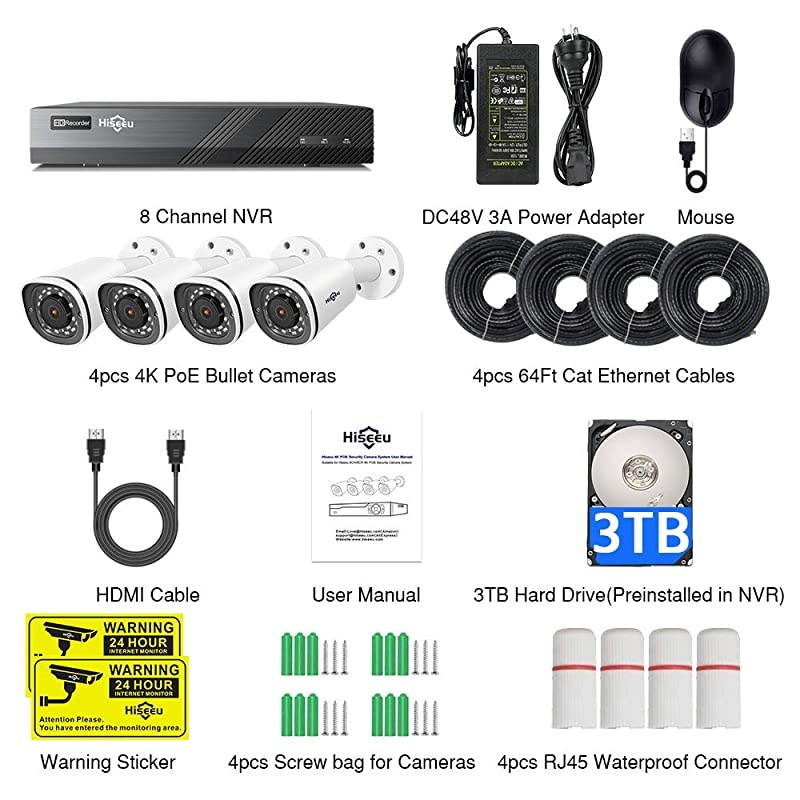 4K PoE Security Camera System, 8CH 8MP Home Surveillance NVR System with 3TB HDD, 4Pcs 4K IP Wired Camera with Night Vision for Indoor Outdoor Security, 30 Days Video/Audio Loops Recording