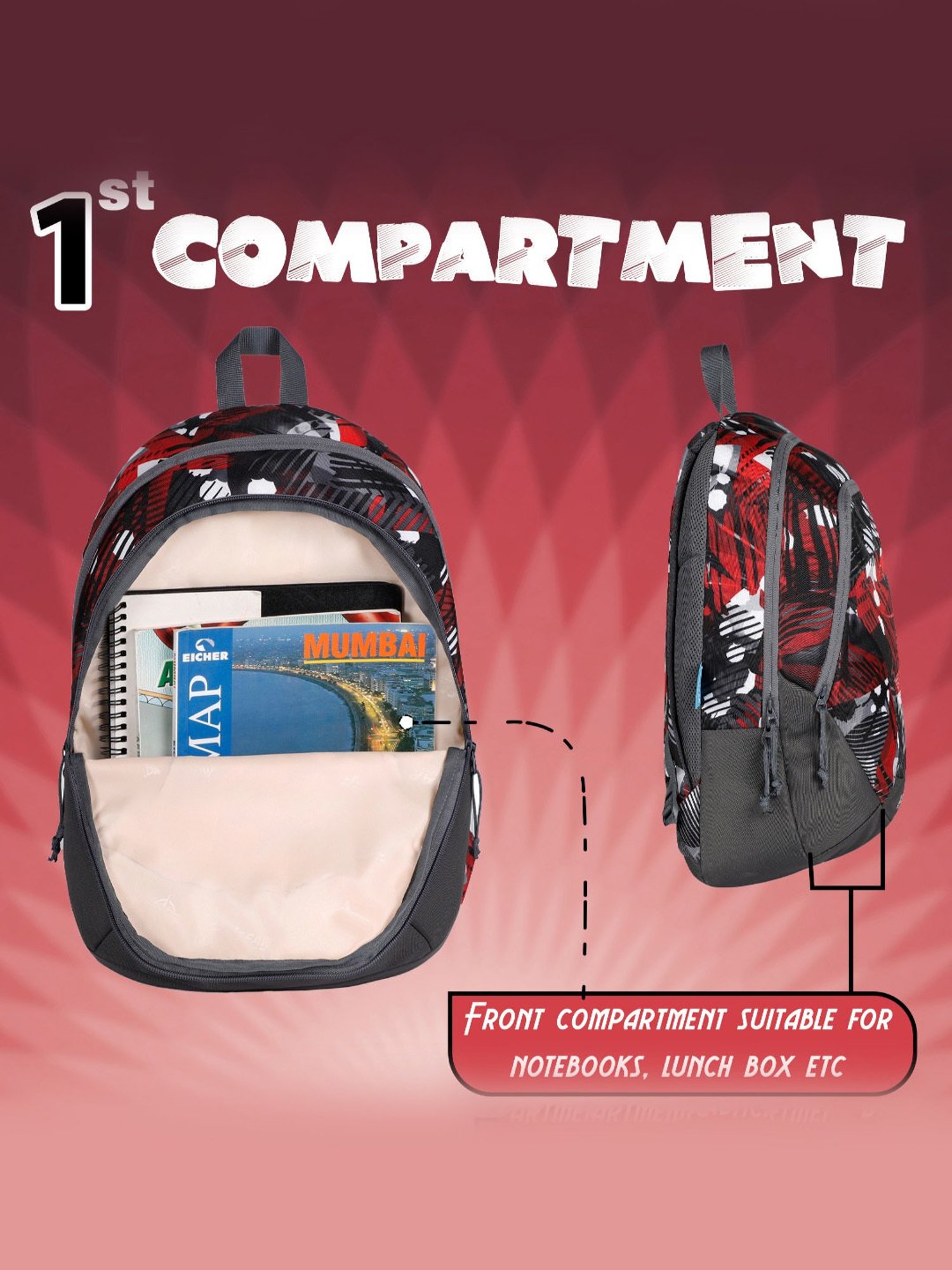 F Gear Amari Geometric Black Red Printed Small Backpack