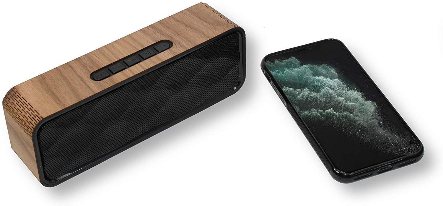WUDN Portable Bluetooth Speaker V4.2, HD Audio, Great Bass, Speakerphone, FM Radio, TF Cardslot - Black Walnut Wood