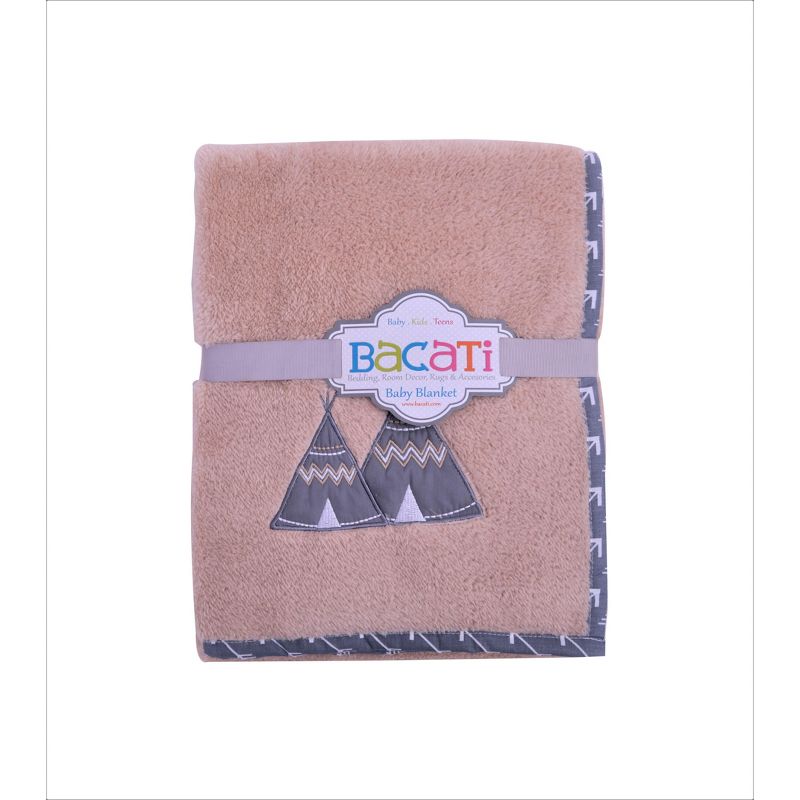 Bacati - Woodlands Beige with Grey Border Tee Pee Embroidered Baby Plush Blanket