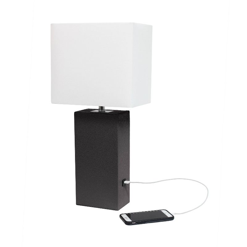 Modern Leather Table Lamp with USB and Fabric Shade Espresso Brown - Elegant Designs