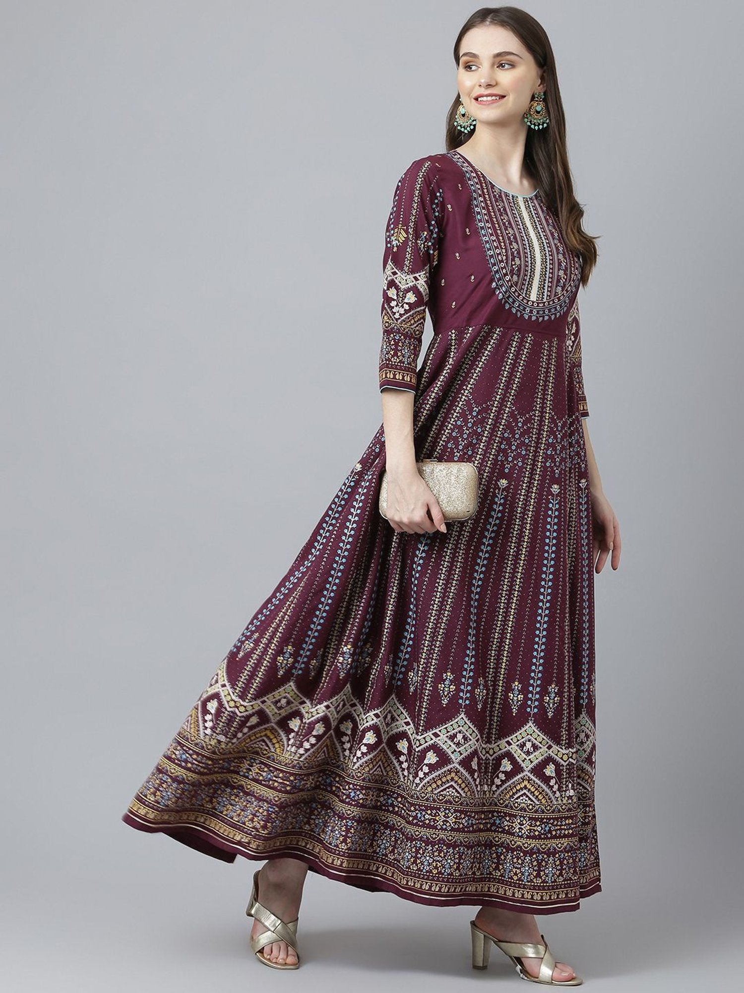 KIANA Maroon Printed Maxi Dress