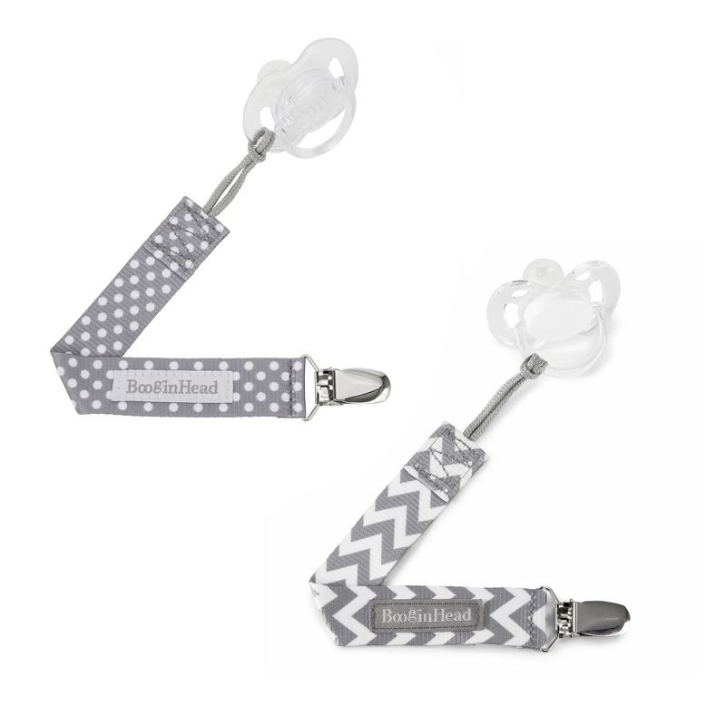 BooginHead 2pk PaciGrip Pacifier Clip Pacifier Holder - Gray Chevron Gray Dots