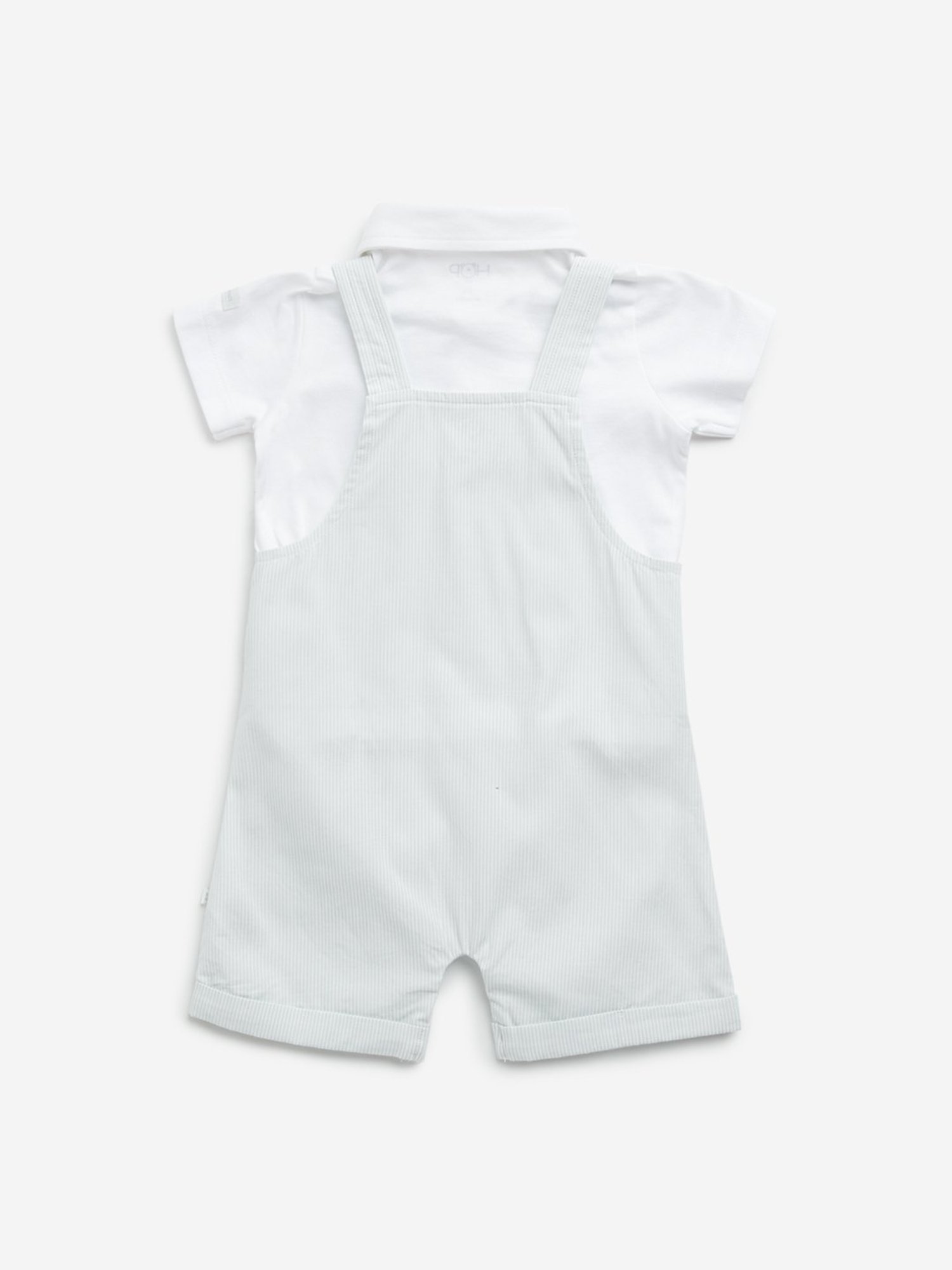 HOP Baby by Westside Mint Striped Cotton Dungaree with Shirt Set