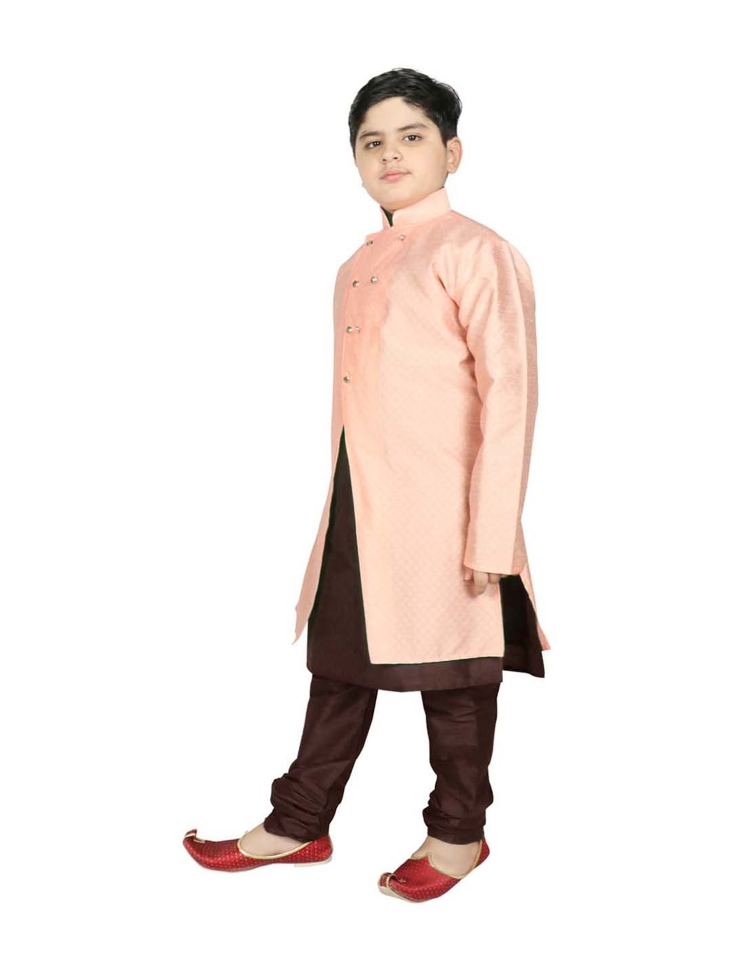 SG Yuvraj Kids Peach & Brown Textured Pattern Full Sleeves Kurta Set