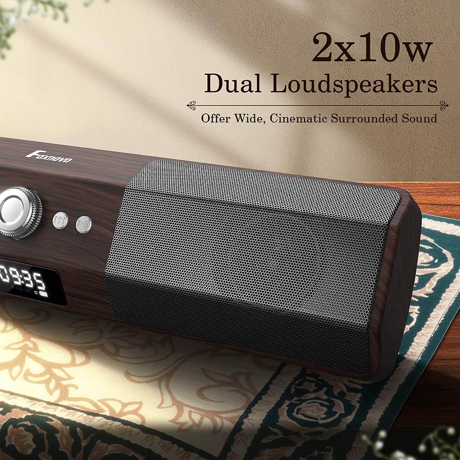 Computer Speakers Bluetooth Soundbar: Gaming Stereo Sound Bar for PC Desktop 20W Wired and Wireless Speaker with Deep Bass Dual-Channel Multimedia for Laptop Smartphones Wooden Enclosure