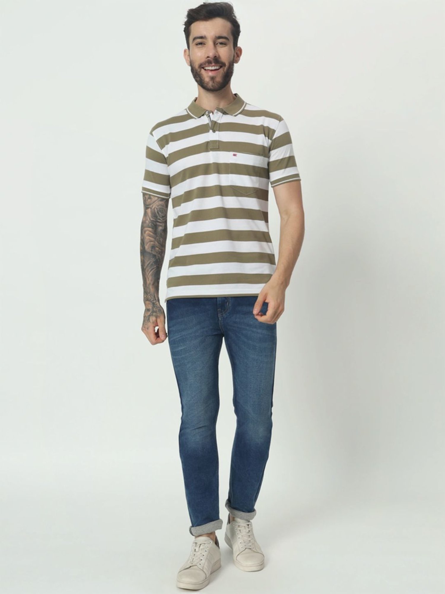 Tab91 Green Regular Fit Striped Polo T-Shirts