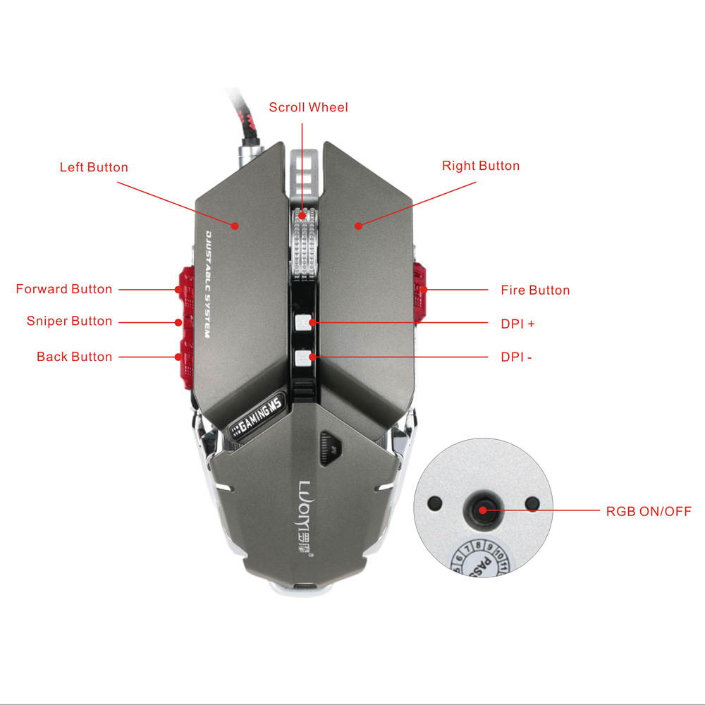 Funtech G50 Gaming Mouse Optical Mice 4000DPI/CPI 10D Buttons Mouse Gamer Professional Programmable RGB Breathing LED Wired Mouse