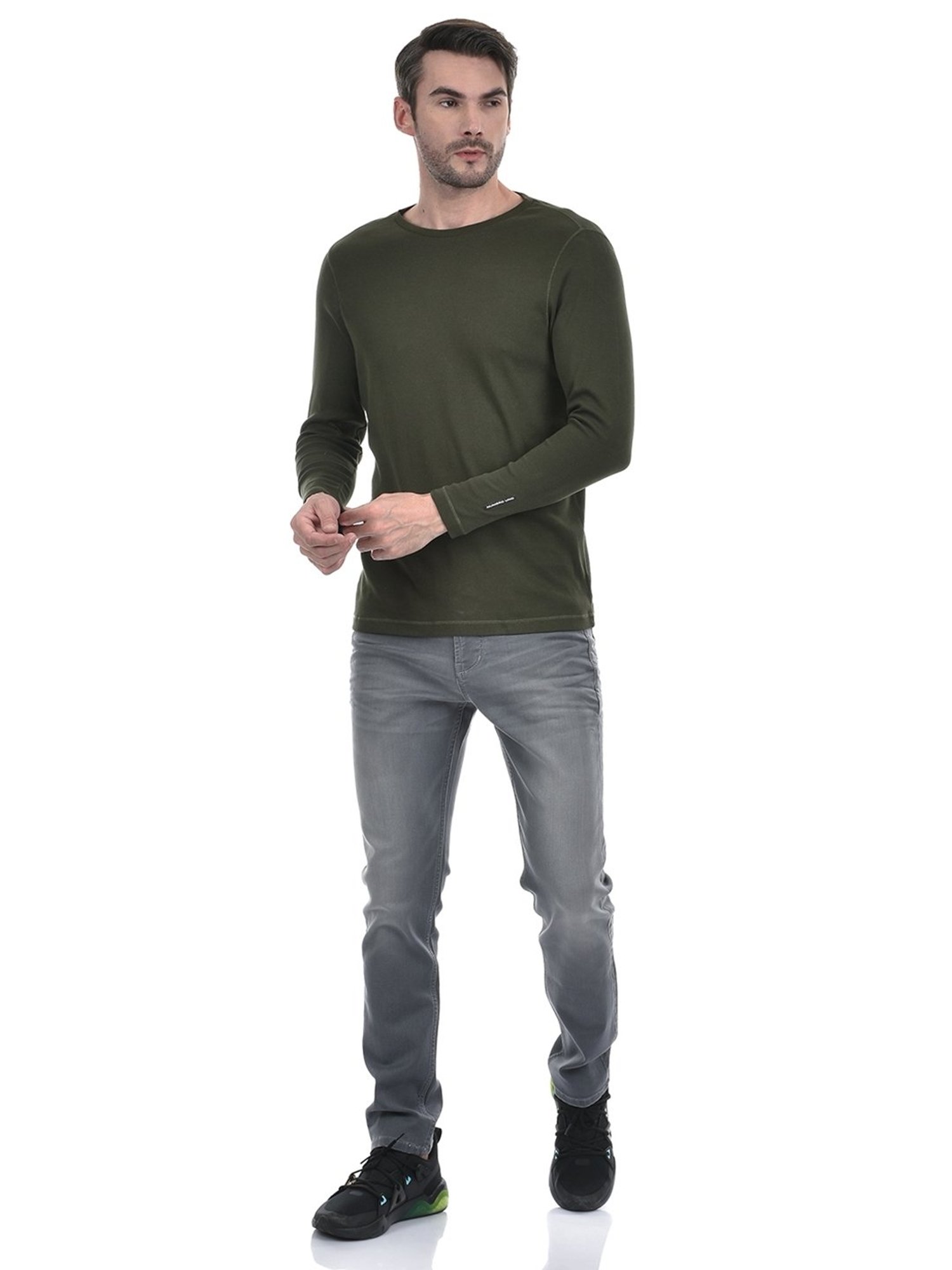 NUMERO UNO Olive Slim Fit Solid Round Neck Brushed Fleece T-Shirt