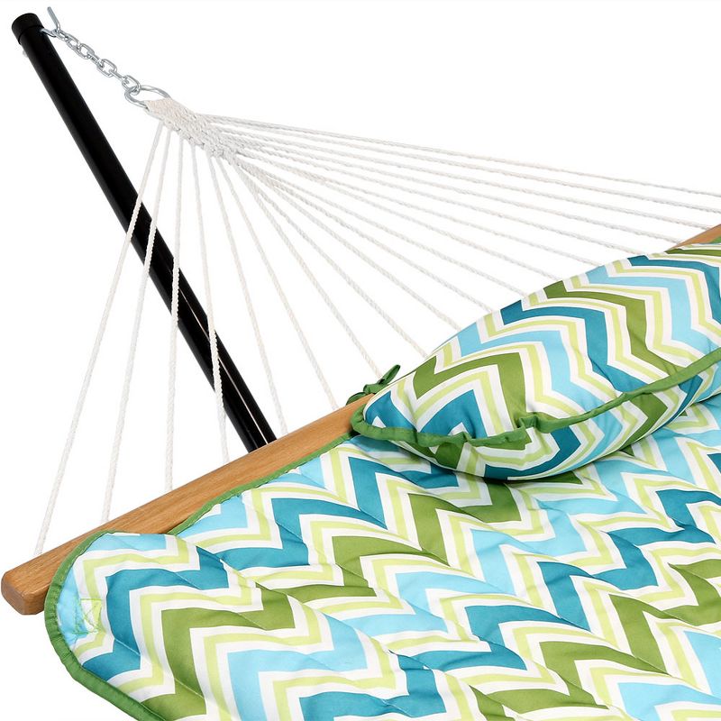 Sunnydaze Cotton Rope Freestanding Hammock with Portable Steel Stand and Spreader Bar with Pad and Pillow - 12' Stand - Blue and Green Chevron