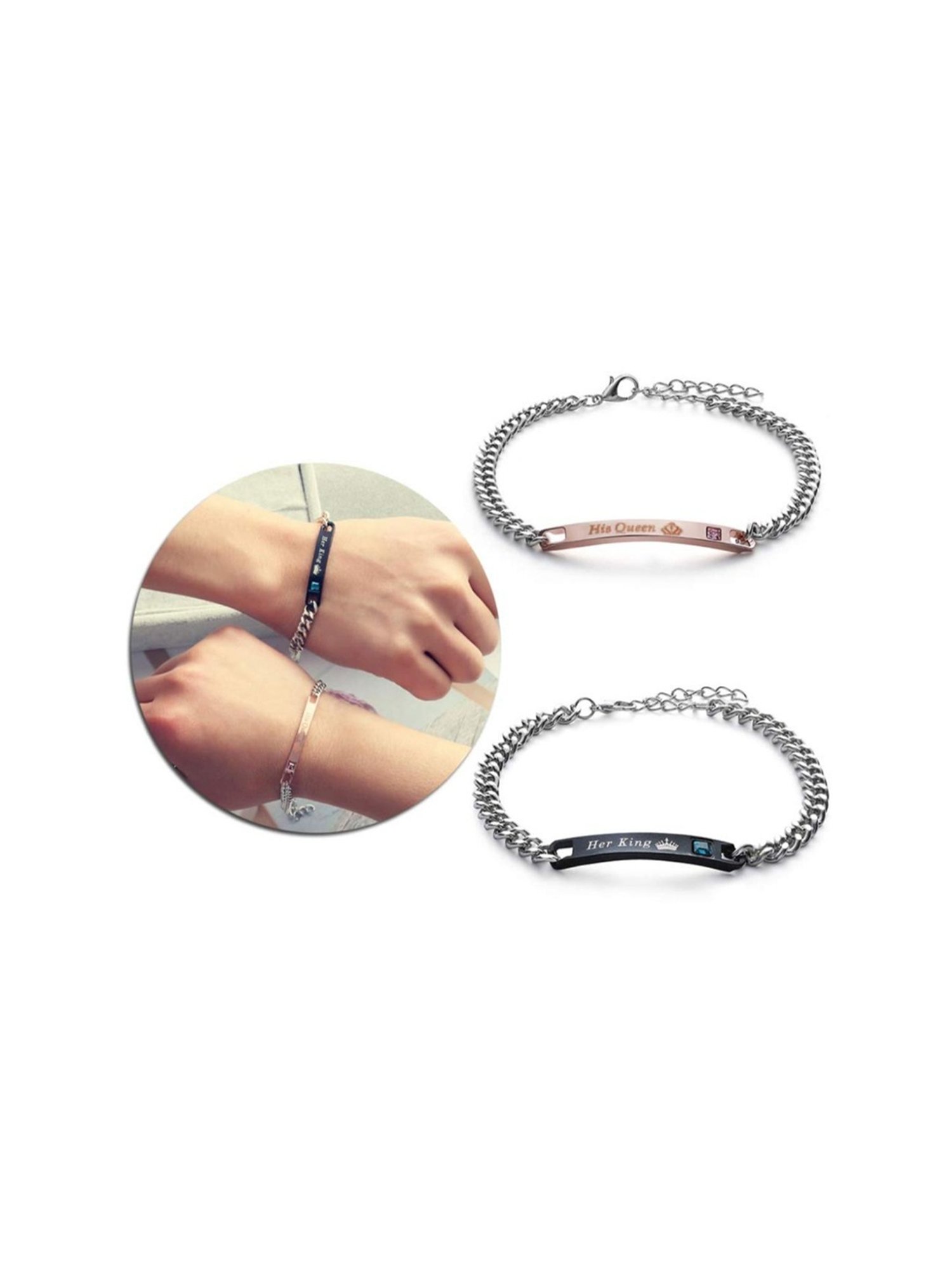 YouBella Valentine His or Hers Queen King Stainless Steel Couple Flexible fit Bracelet - Set of 2