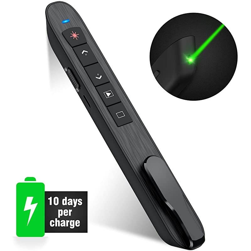 Wireless Presenter Remote with Green Light Rechargeable PowerPoint ClickerRF 24GHz Presentation Pointer Slide Advancer with Hyperlink Volume Control