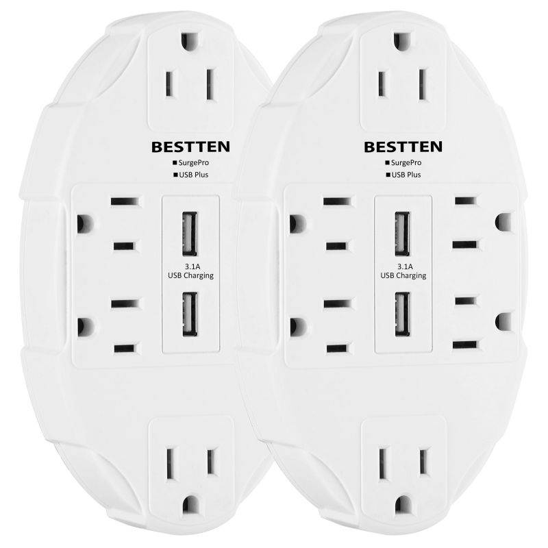 [2 Pack] BESTTEN 6-Outlet Wall Mount Surge Protector with 2 USB Charging Ports (2.4A/Port, 3.1A Shared) and 6 AC Outlets, Wall Tap Adapter Plug Splitter, ETL Certified, White