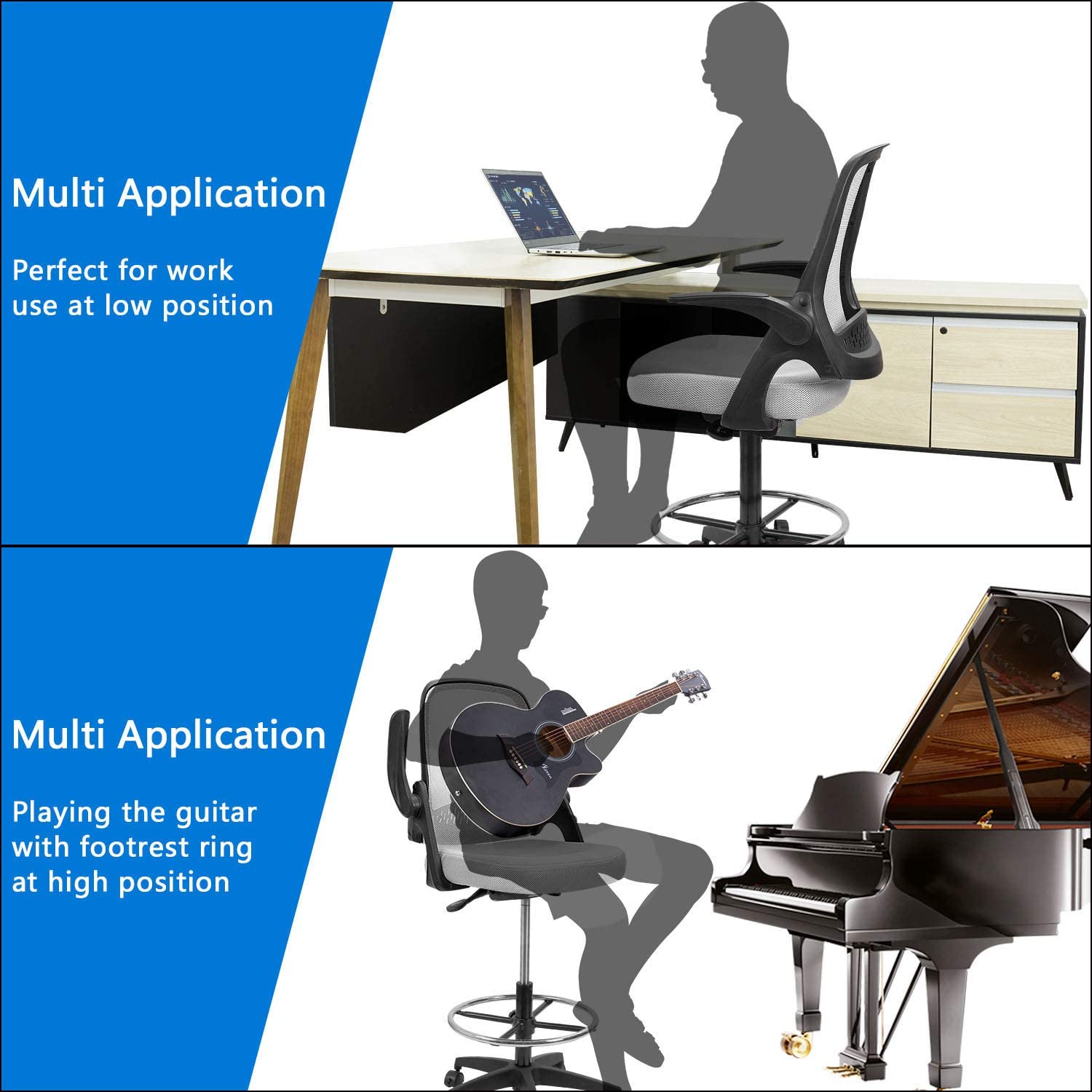 Devoko Drafting Chair with Flip-up Arms Tall Office Chair Executive Computer Standing Desk Chair with Lockable Wheel and Adjustable Footrest Ring (Black)