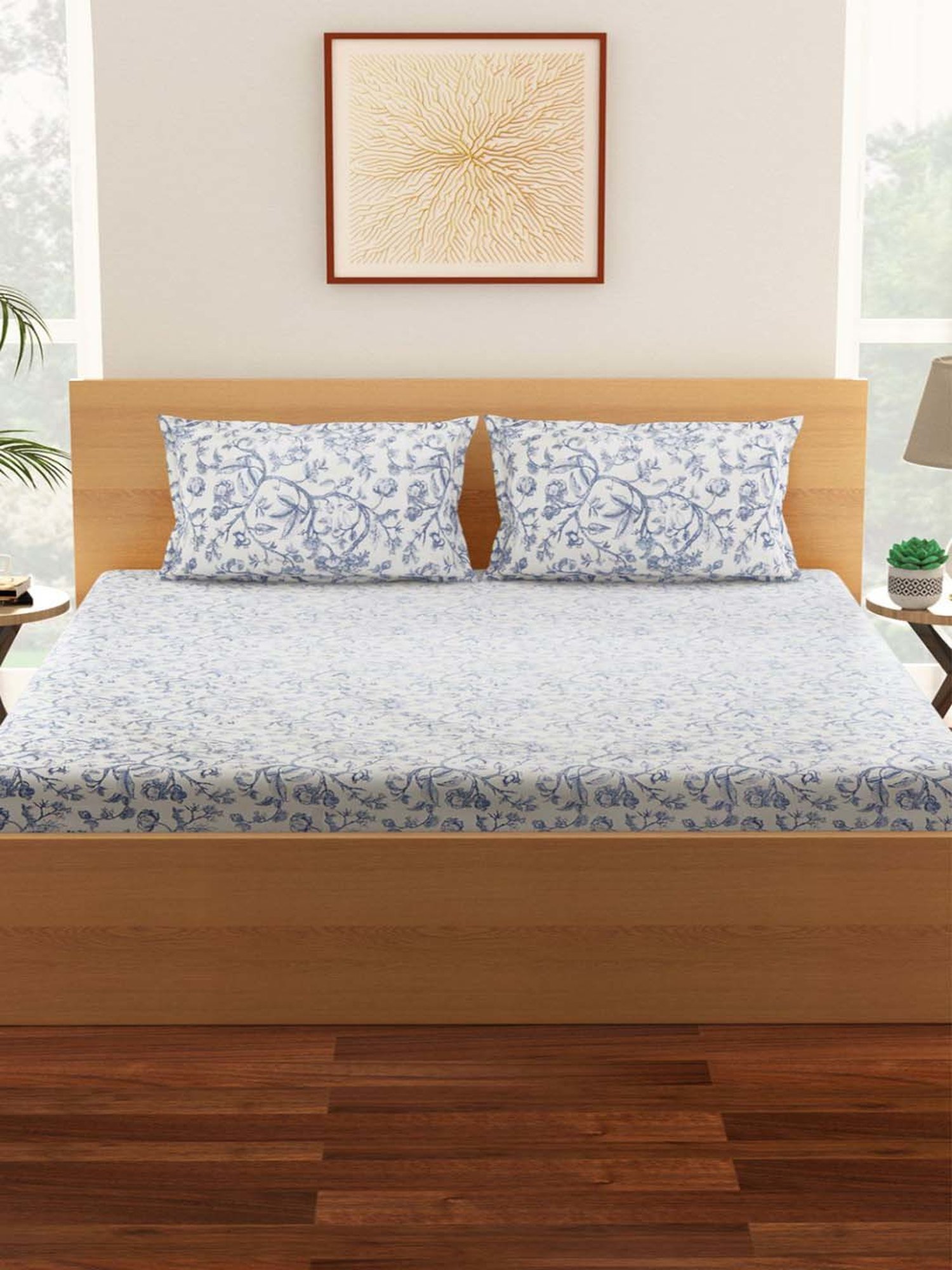 Living Scapes by Pantaloons Blue Cotton Bedsheet With 2 Pillow Covers