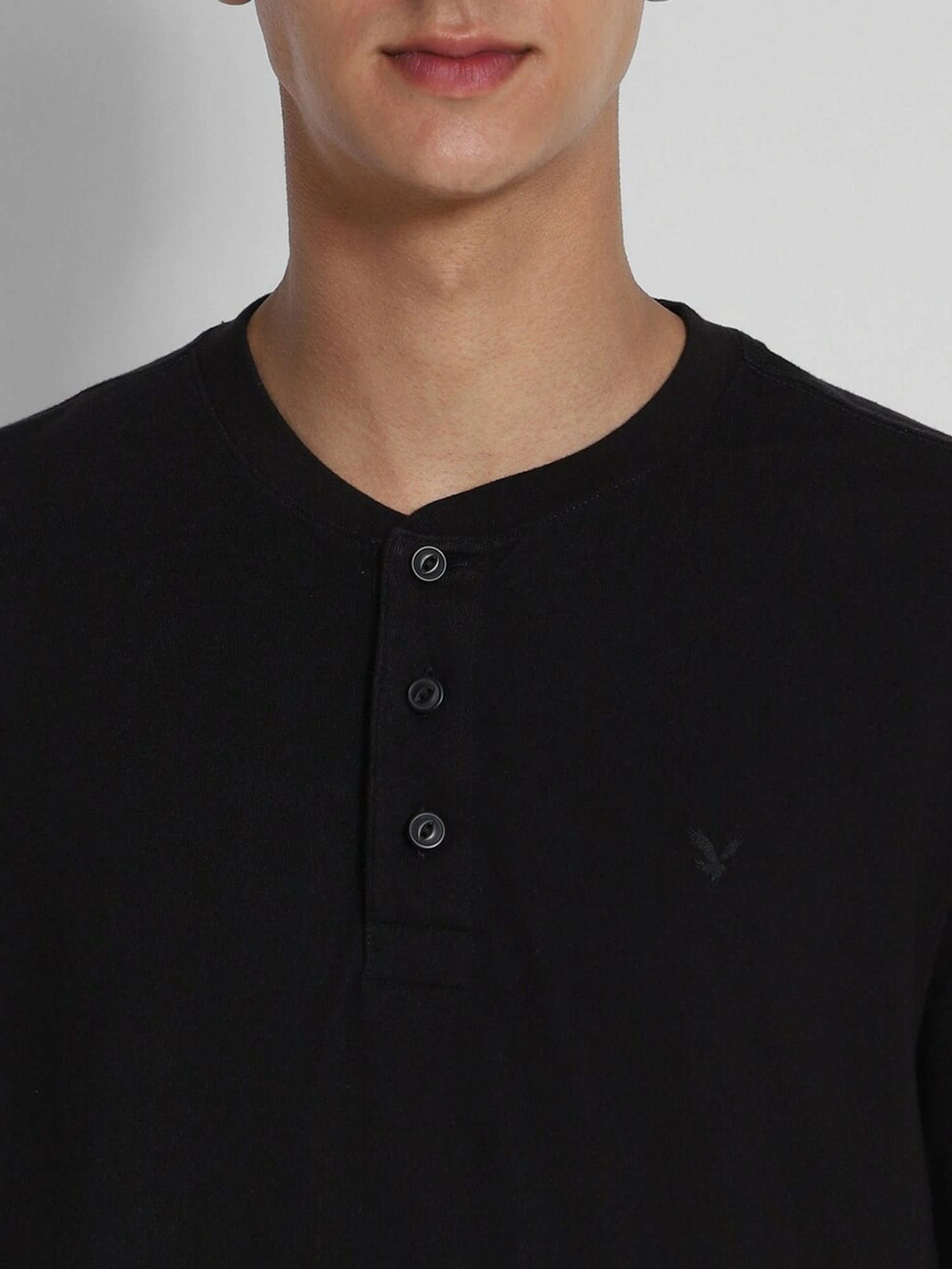 American Eagle Black Cotton Regular Fit Henley T-Shirt
