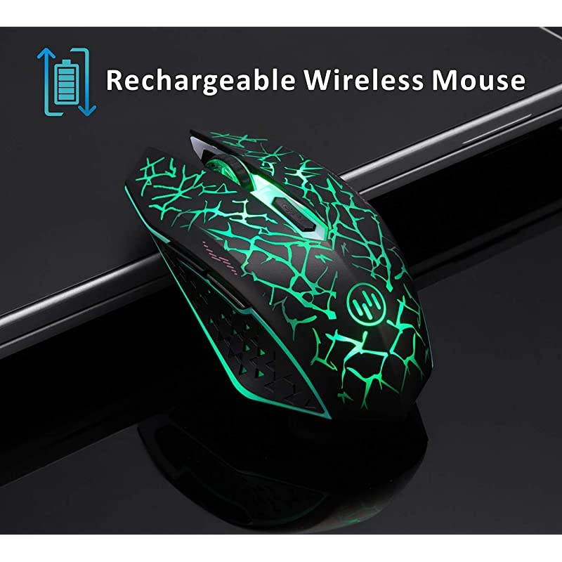 K6 Wireless Gaming Mouse, Rechargeable Silent LED Optical Computer Mice with USB Receiver, 3 Adjustable DPI Level and 6 Buttons, Auto Sleeping Compatible Laptop/PC/Notebook (Green Light)