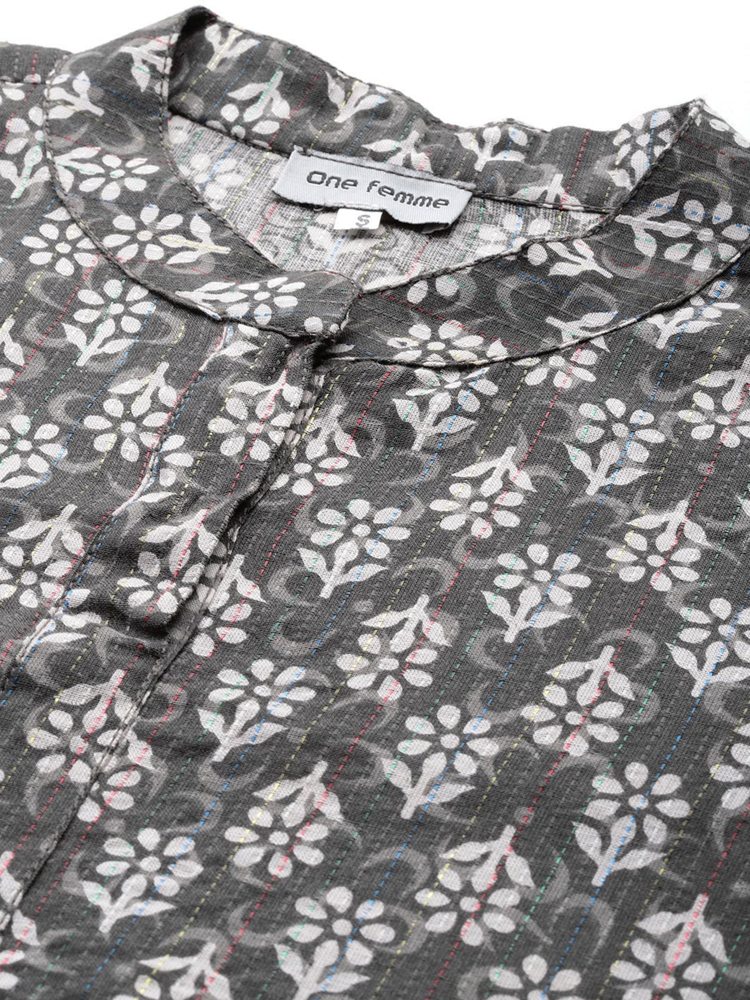 One Femme Black Cotton Printed A Line Kurti