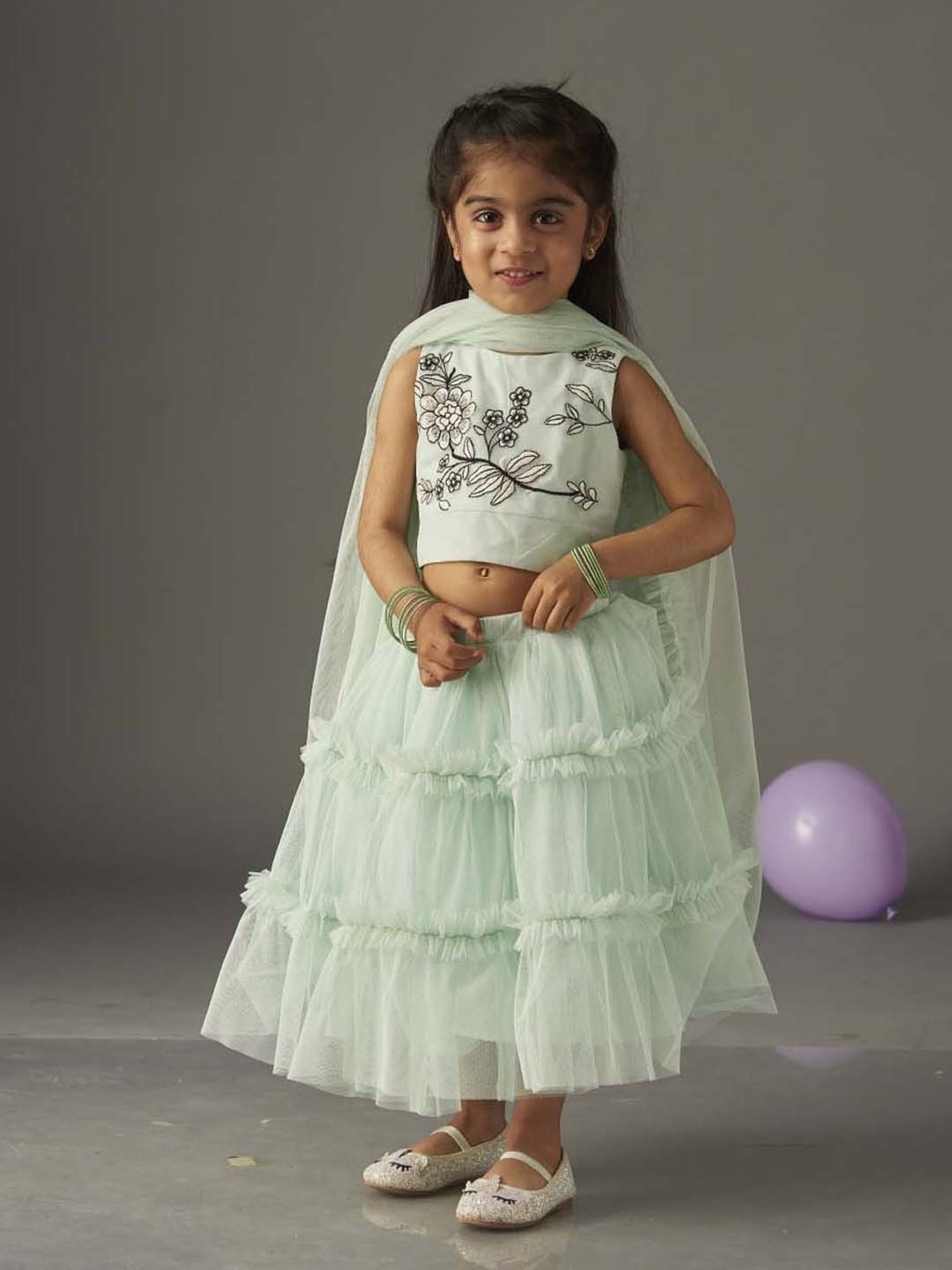 KidsDew Kids Mint Green Embroidered Lehenga Cholis