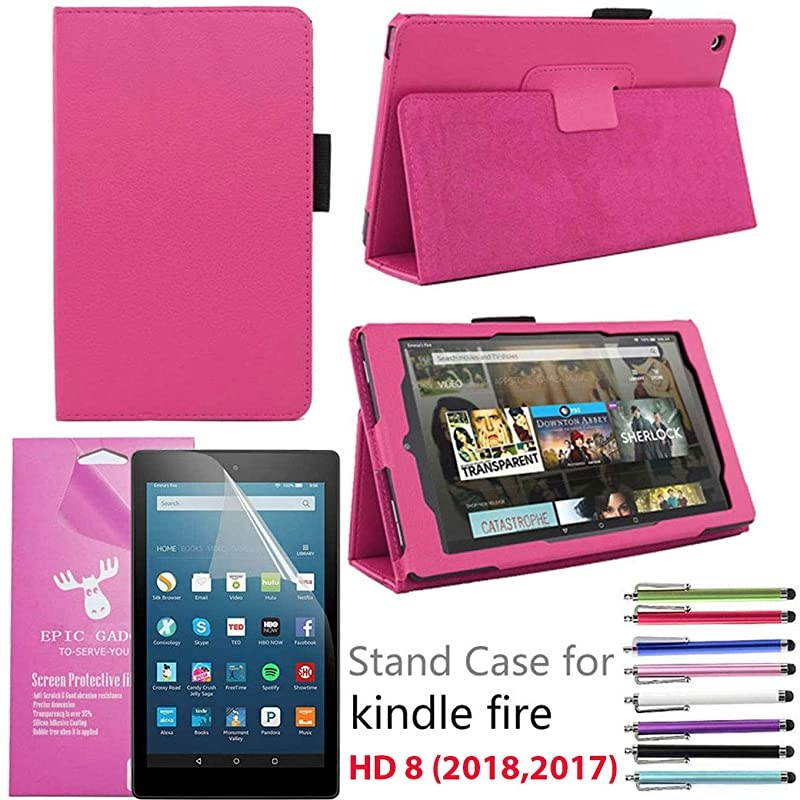 Case for  Fire HD 8" 2018/2017, Auto Sleep/Wake (8th and 7th Generation) Fire HD 8 PU Leather Folding Folio Smart Cover Case For Fire HD 8 Inch 2018/2017 Release (Hot Pink)