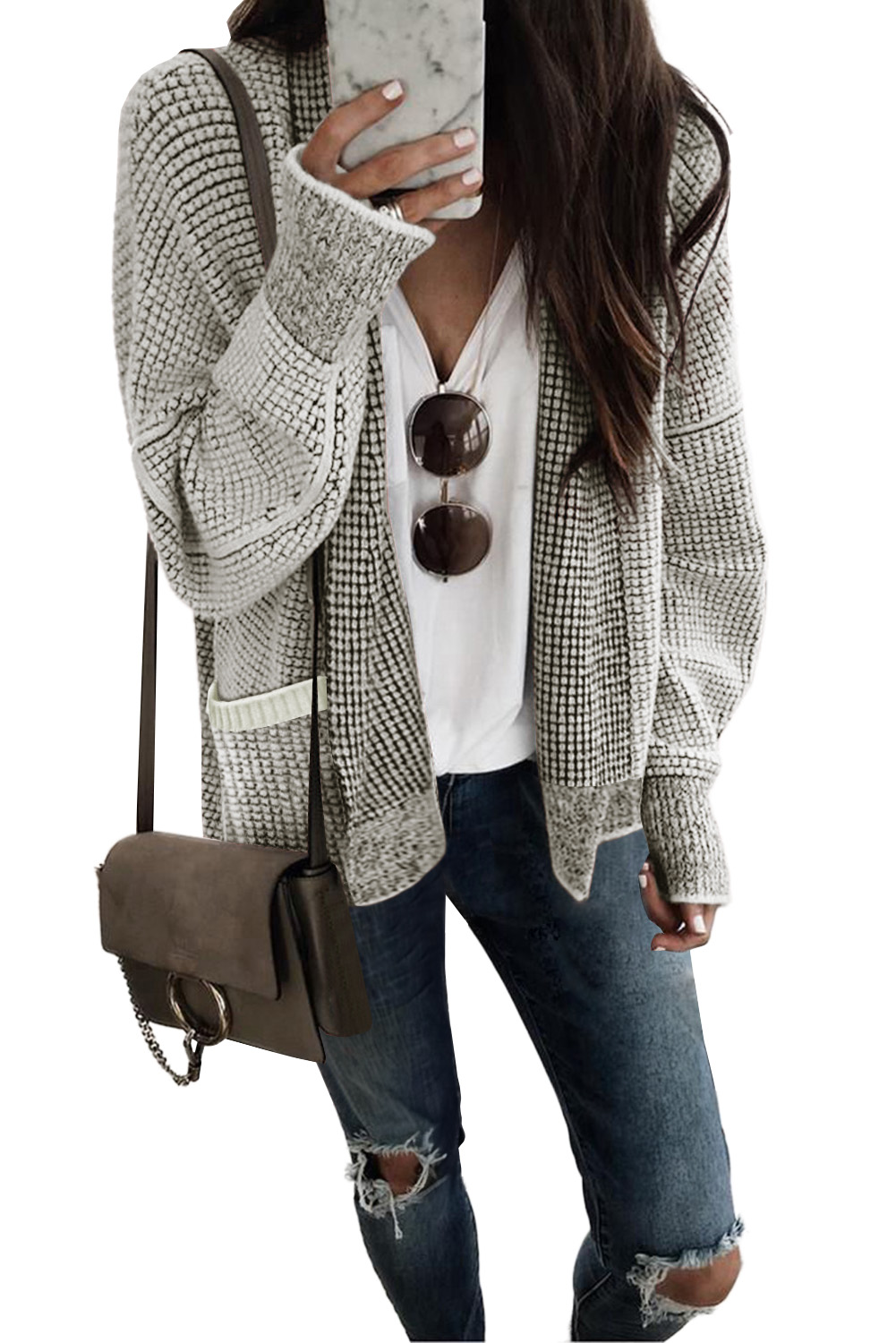 Gray Chunky Knit Pockets Drop Sleeve Cardigan