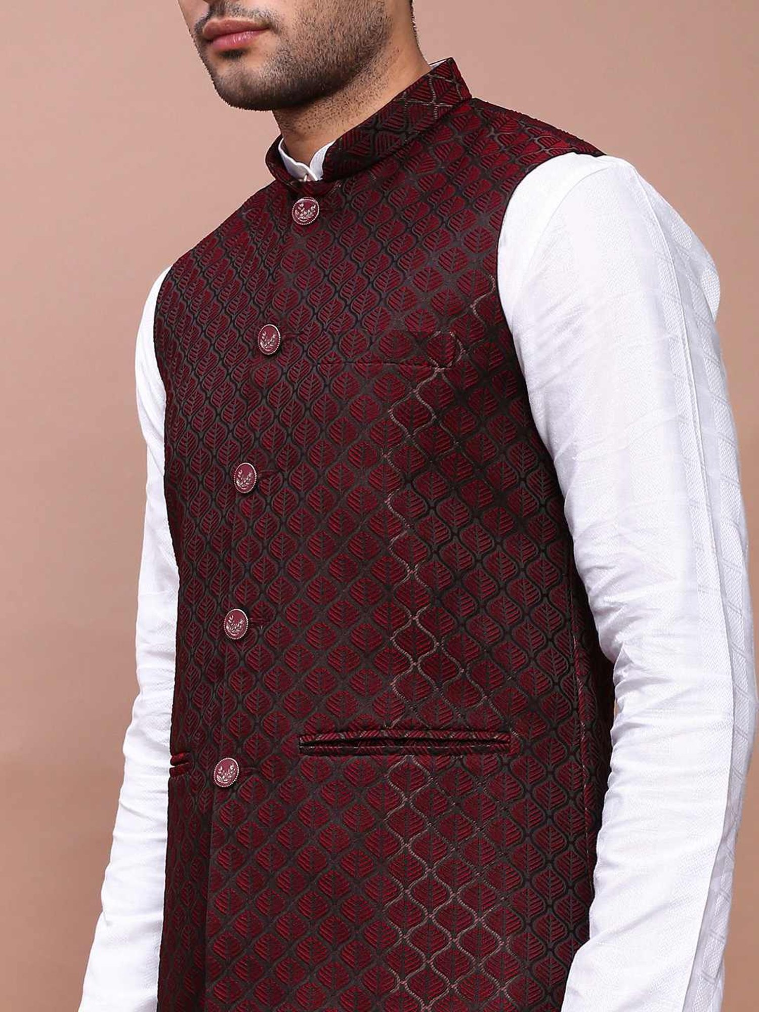 Showoff Maroon Cotton Slim Fit Self Pattern Nehru Jacket