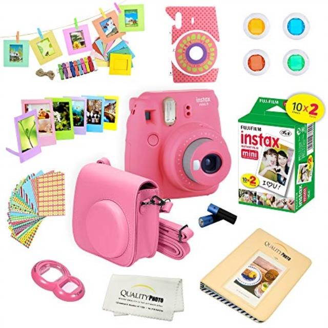 Fujifilm Instax Mini 9 (Flamingo Pink)  Deluxe kit bundle Includes -Instant camera with Instax mini 9 instant films (20 pack) - Custom Camera Case - instax Album &ndash; Frames - wall hang frames- - Sticker