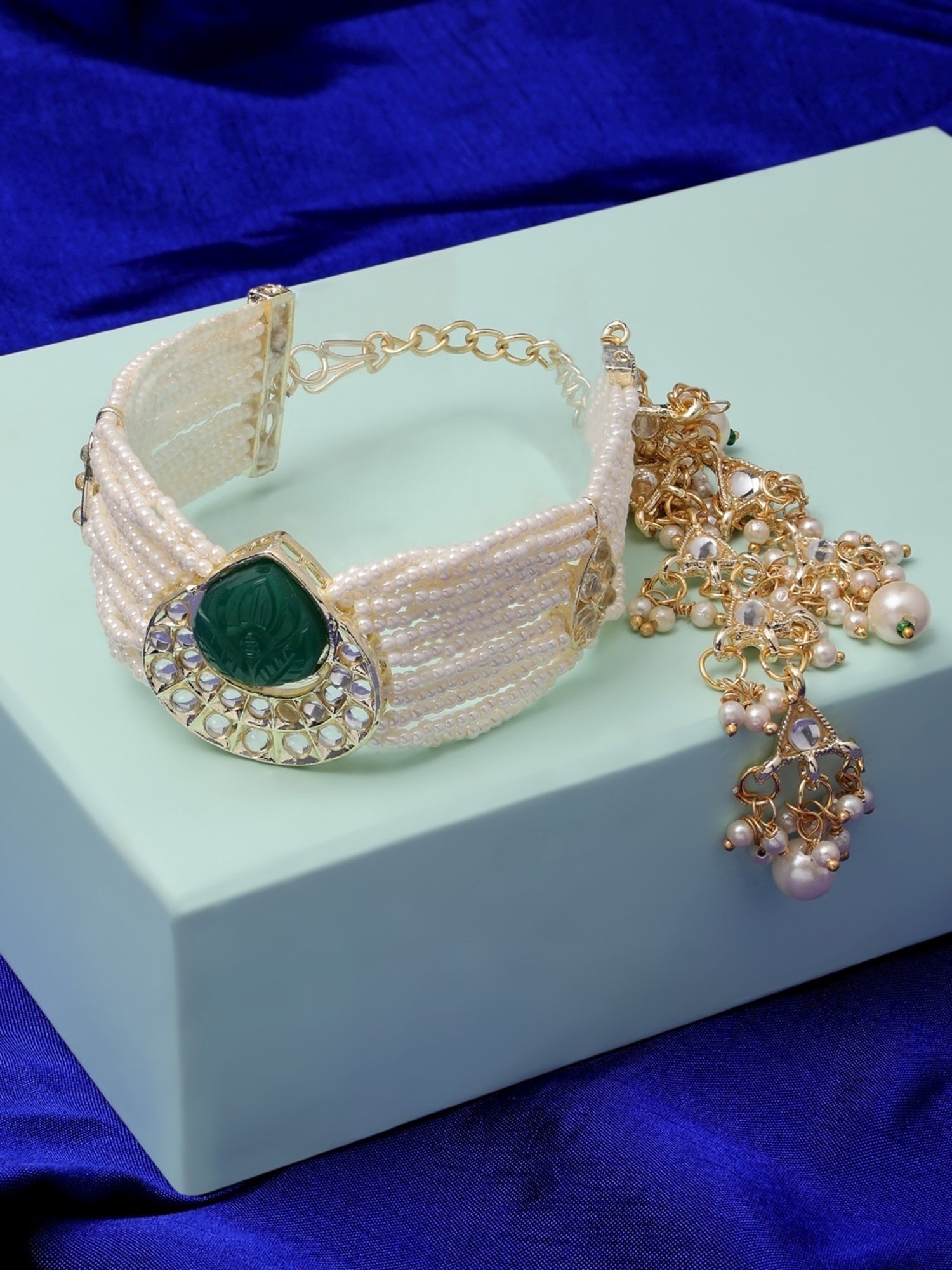 Zaveri Pearls Green Stone Multistrand Pearls Ethnic Kundan Bracelet-ZPFK14609