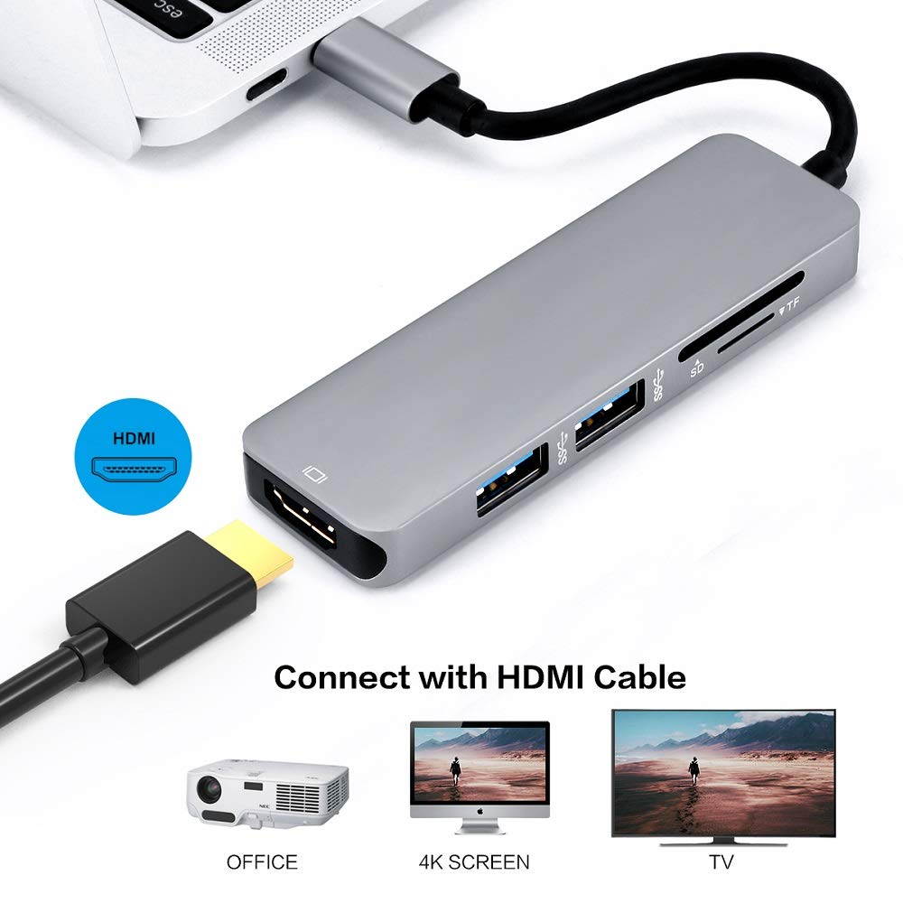 5 in 1 Type-C to HDMI 4K Video Converter with SD/TF Card Reader and 2 USB3.0 HUB, 5in1 USB-C to 4K HDMI 2 x USB 3.0 SD TF Dock.