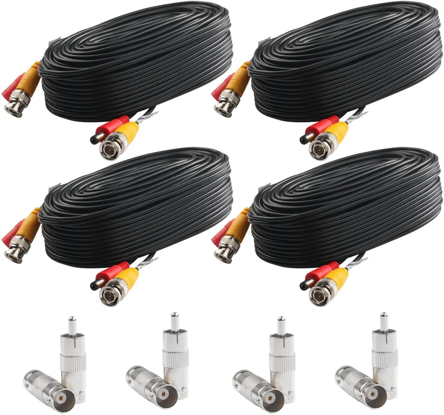 Postta BNC Video Power Cable (4 Pack 30 Feet) Pre-Made All-in-One Video Security Camera Cable Wire with Eight Connectors for CCTV DVR Surveillance System