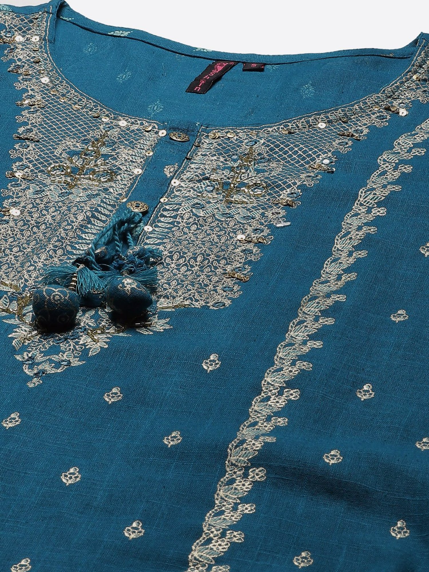 Ishin Blue Pure Cotton Embellished Kurta Sharara Set With Dupatta