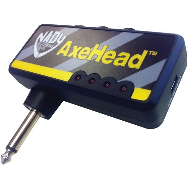 Nady AxeHead Miniature Headphone Guitar Amplifier _ Built-in amp simulation with gain, tone and volume controls _ includes headphones splitter, 3.5mm audio cable, and USB charging cable