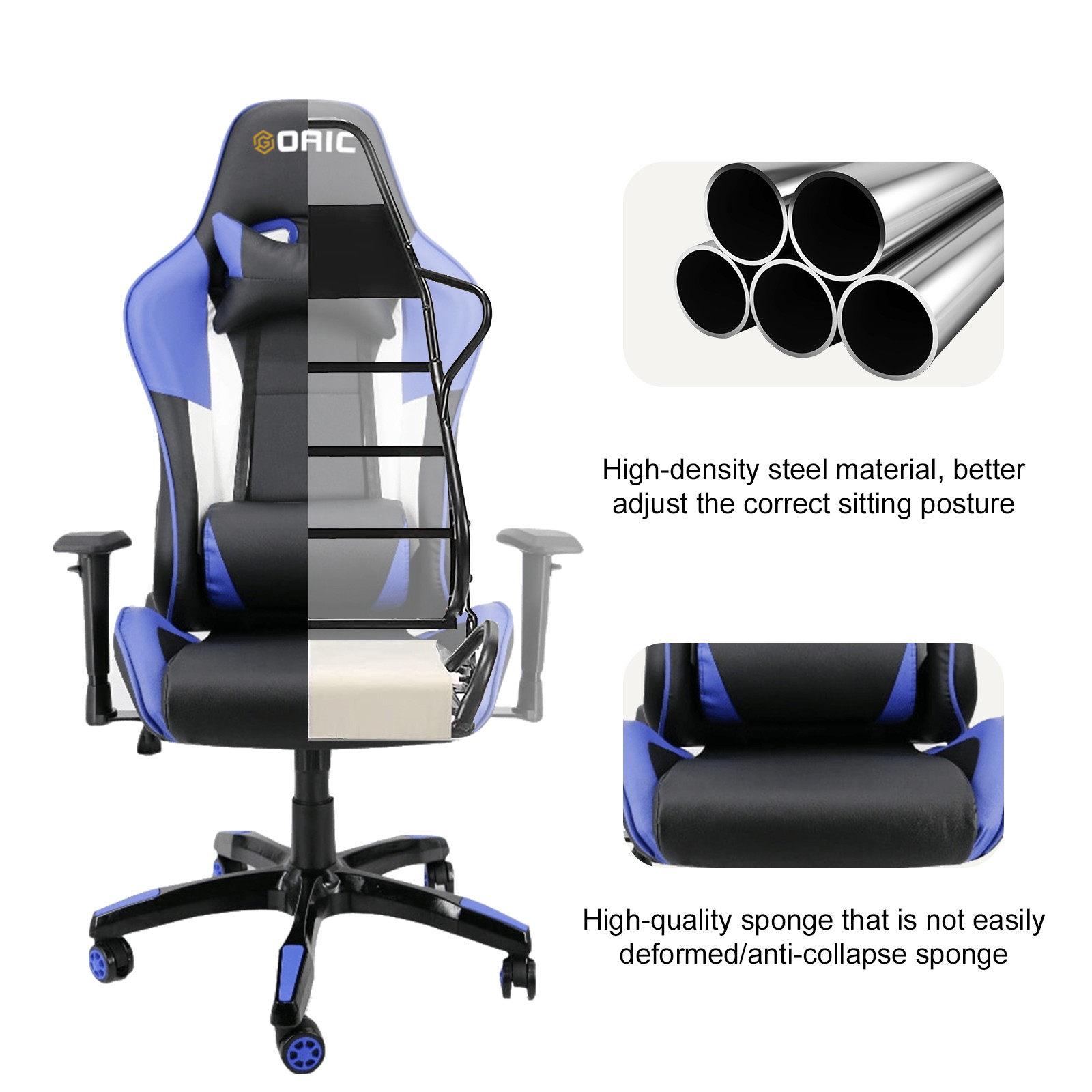 Goaic Gaming Chair Office Desk Chair Ergonomic High Back PC Desk Chair Adjustable 3D Armrests Gamer Chair, Computer Gaming Recliner Chair with Headrest and Lumbar Pillow Support (Black/Bule)