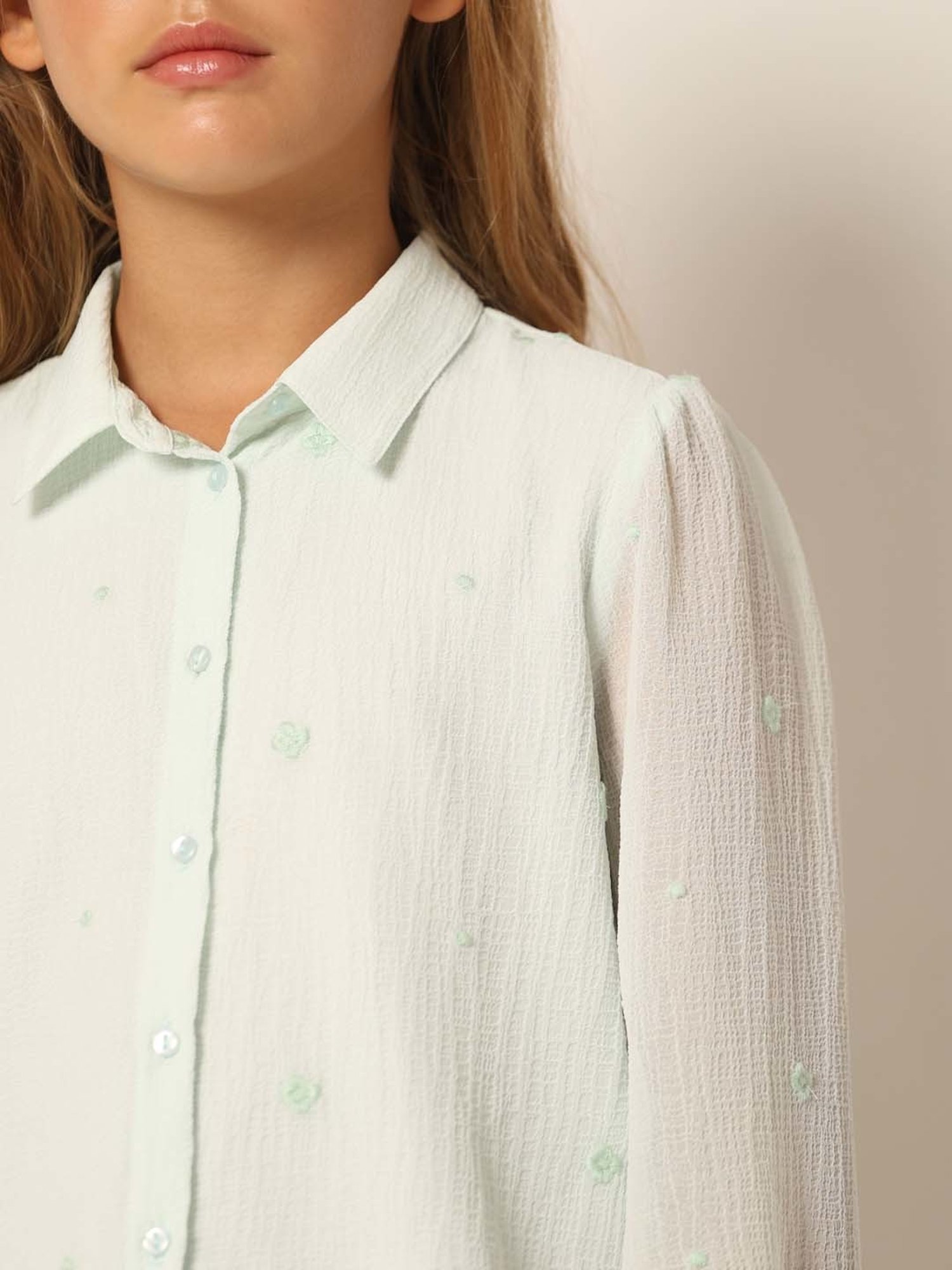 VERO MODA GIRL Aqua Blue Embroidered Full Sleeves Shirt