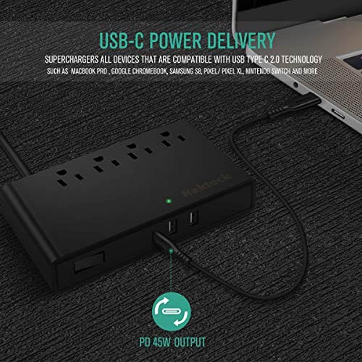 USB C Surge Protector with Power Delivery, Nekteck Power Strip Pad Desktop Charging Station, 45W USB C Port 4 Outlet 2 USB-A Ports 5Ft Power Cord for Travel Office(NOT Ideal for Note10/S10/10+PPS)