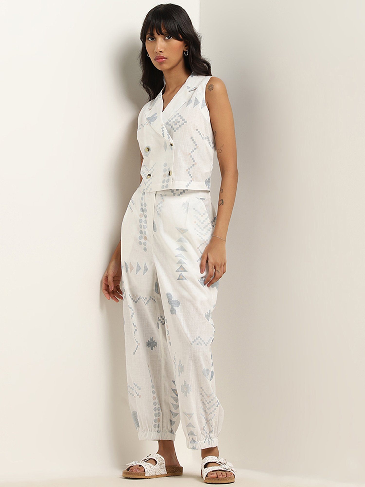 Bombay Paisley by Westside Off-White Printed Waistcoat-Style Cotton Top