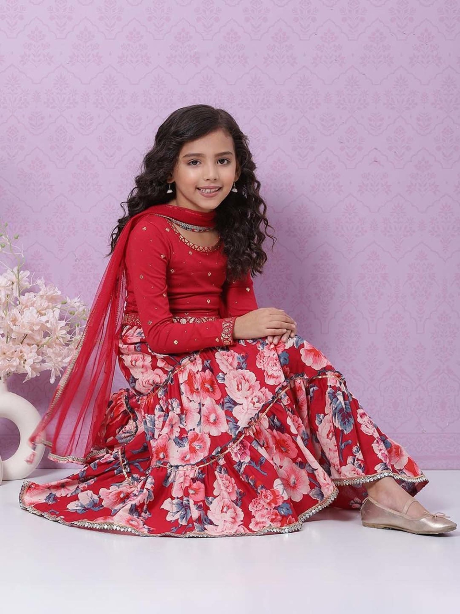 Biba Kids Red Printed Full Sleeves Lehenga Cholis