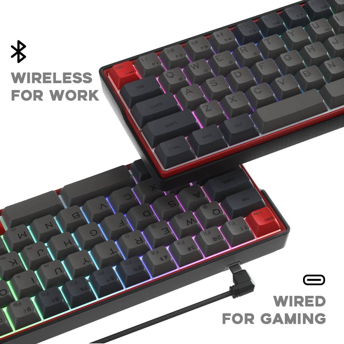 KEMOVE 64-66 Dolch Bluetooth 5.1 Hot-swappable Convertible 60% RGB Mechanical Gaming Keyboard - Wireless/Wired Mode, 100% PBT Keycaps, Full Keys Programmable for Win/Mac (Gateron Optical Blue Switch)