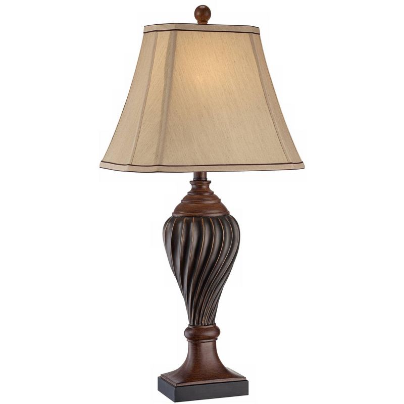 Regency Hill Traditional Table Lamp Carved Two Tone Brown Urn Shaped Beige Fabric Shade for Living Room Family Bedroom Bedside