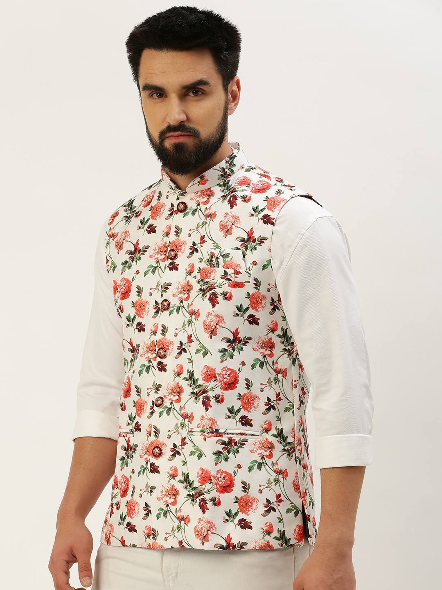 SHOWOFF White Cotton Slim Fit Printed Nehru Jacket