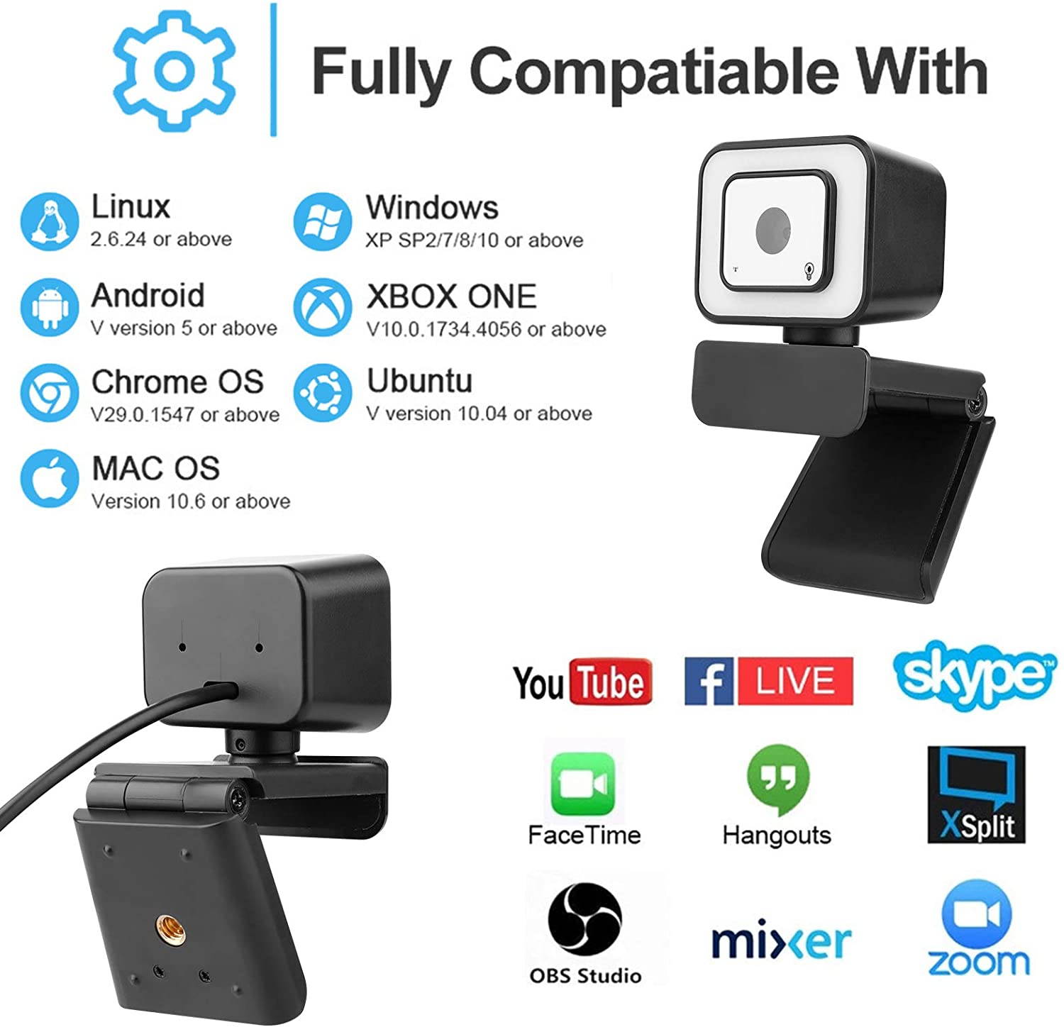 Webcam with Microphone, Full HD Video Webcam 1080P Webcam, Fixed Focus, Automatic Light Correction,  for Video Conferencing, Teaching, Streaming Media and Games