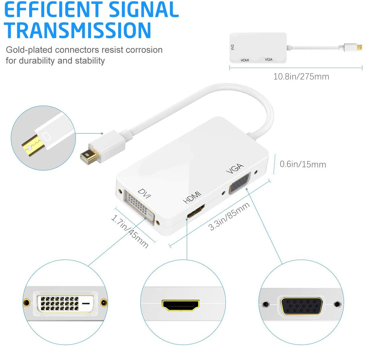 3-in-1 Mini Displayport Thunderbolt to HDMI/DVI/VGA Adapter, 4K Mini Displayport 1.2 Converter, Compatible Male to Female Adapter for Macbook, PC, Projector, Surface Pro- White