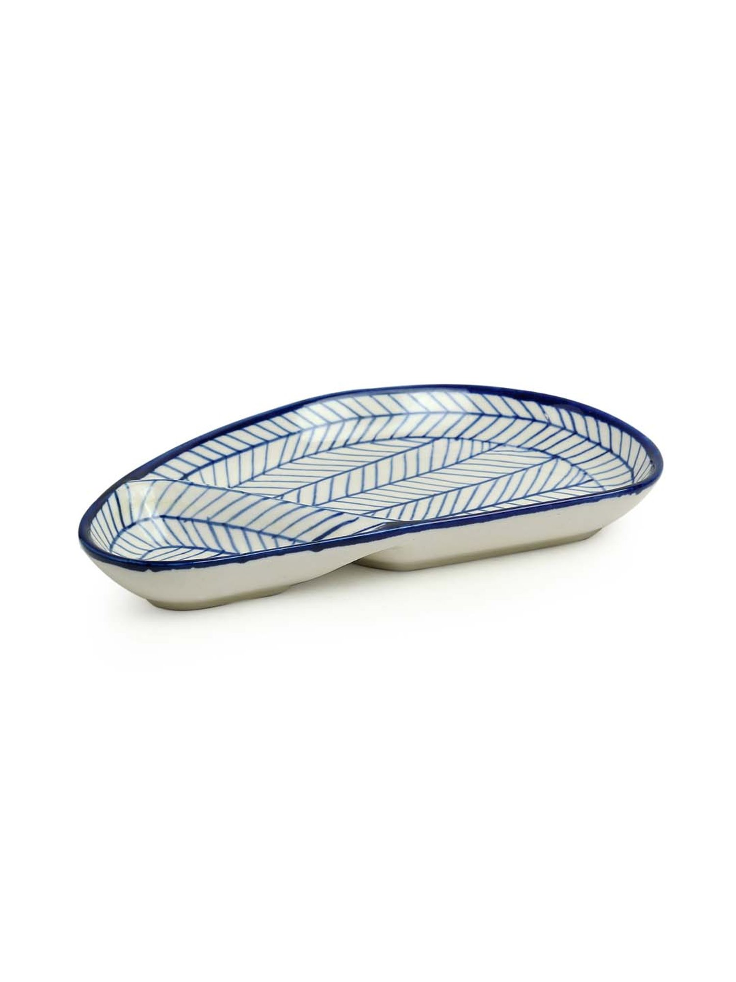 ExclusiveLane 'Indigo Chevron Avocado' Hand-painted Microwave Safe Ceramic Chip-N-Dip Platter