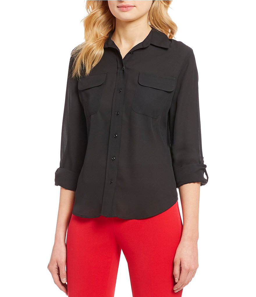 Investments Olivia Machine Washable Point Collar Neck Long Sleeve Button-Front Roll-Tab Utility Blouse