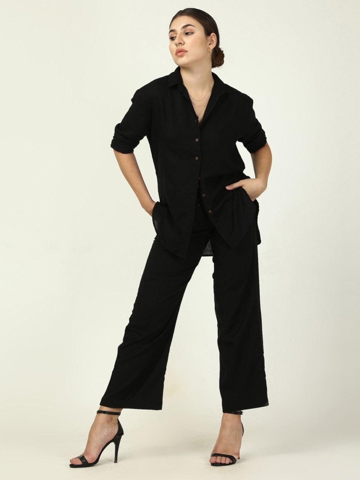 Saltpetre Elegant LInen Black Shirt with Trousers Co-ord Set