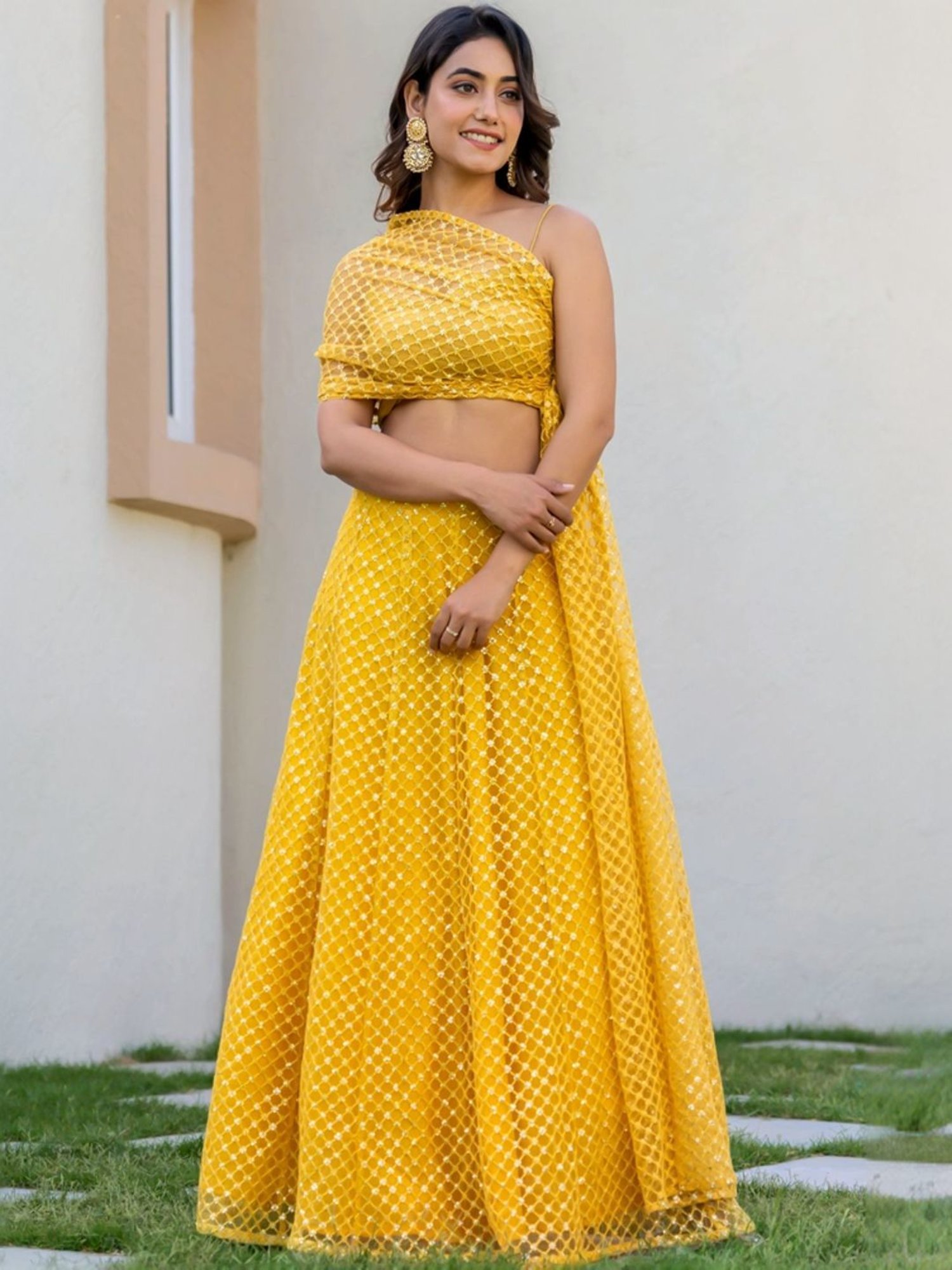 HOUSE OF JAMOTI Yellow Embellished Crop Top Skirt Set