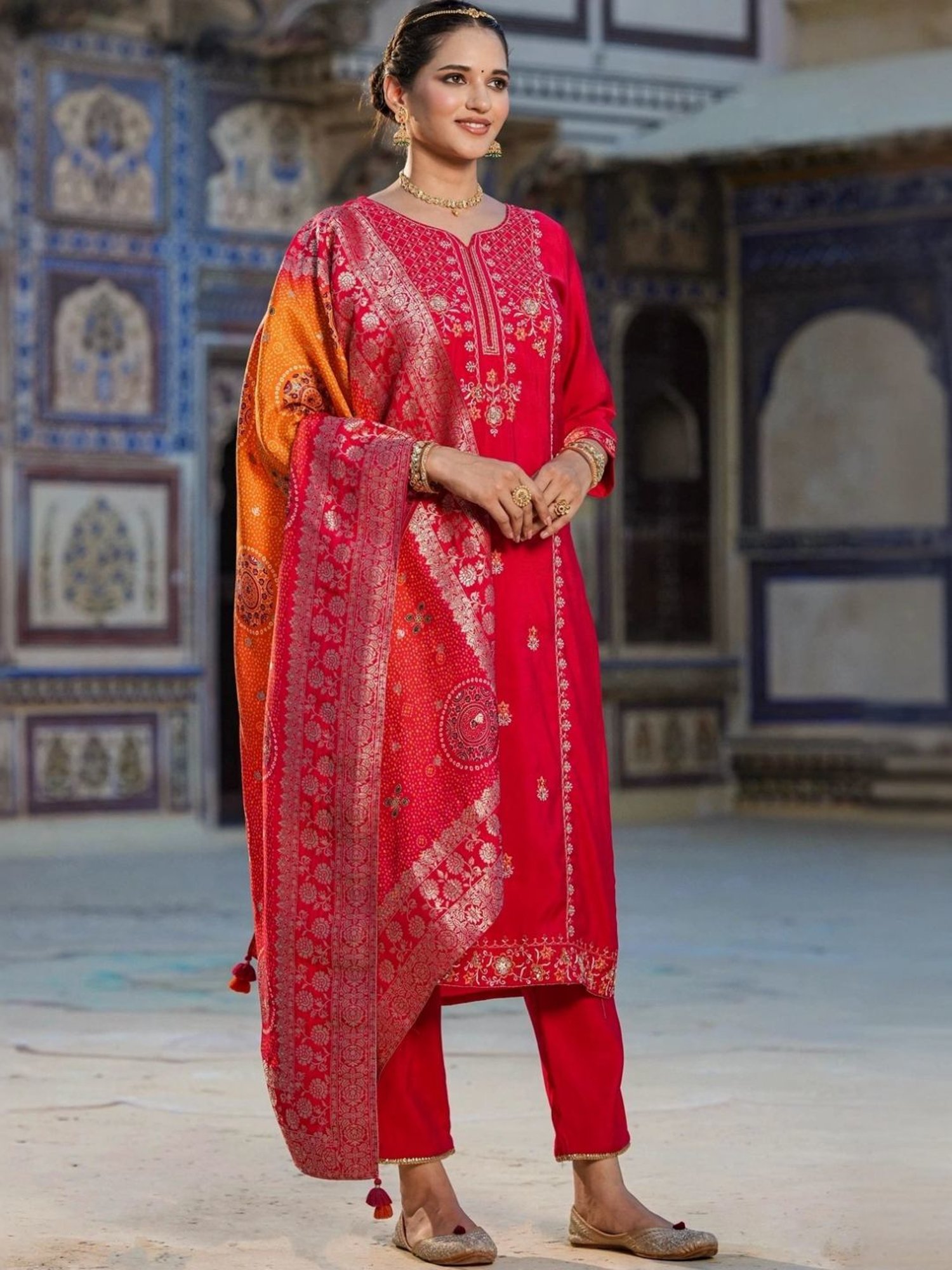 Scakhi Red Viscose Silk Embroidered Suit Set Kurta With Pant And Jacquard Dupatta