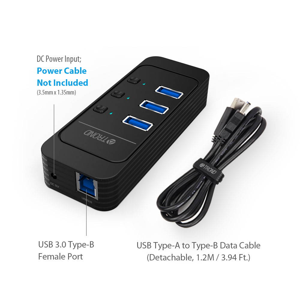 TROND D4 4-Port USB 3.0 Hub with Individual Power Switches, LED Indicators and 3.9 ft Detachable USB Cable