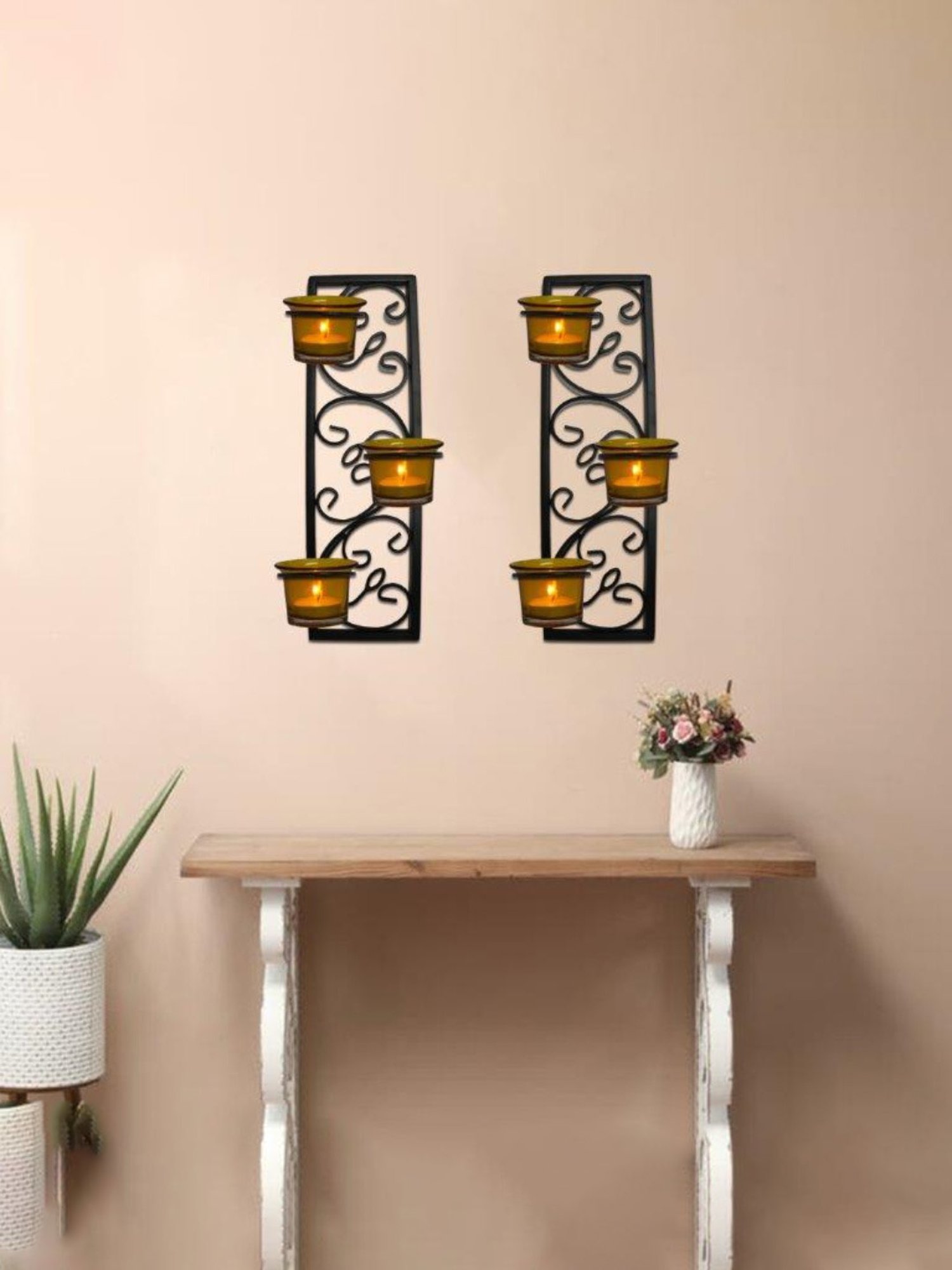 HOSLEY Black Metal Wall Hanging Tealight Candle Holder with Tealight Candles - Set of 2